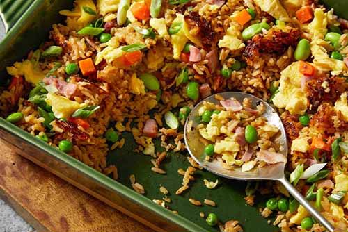 An oven dish of baked fried rice.