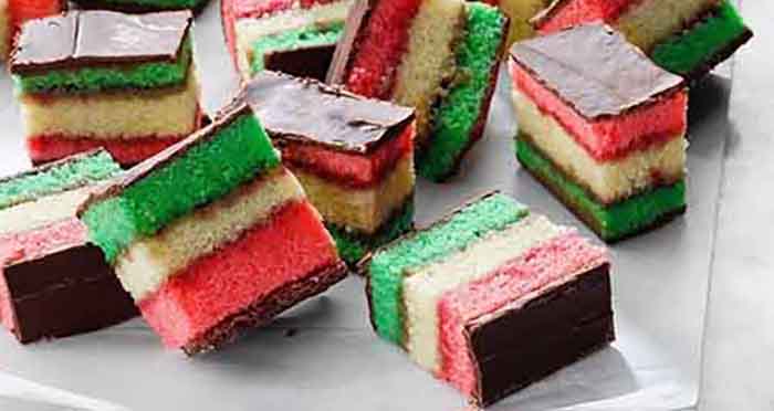 A plate of Italian rainbow cookies.