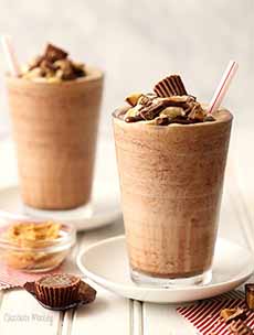 Peanut Butter Frozen Hot Chocolate Garnished With Mini Peanut Butter Cups