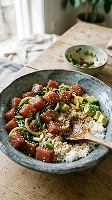 Classic poke bowl of tuna, avocado, rice, and furikake seasoning.
