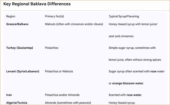 Comparison Chart Of Different Nuts Used In Baklava