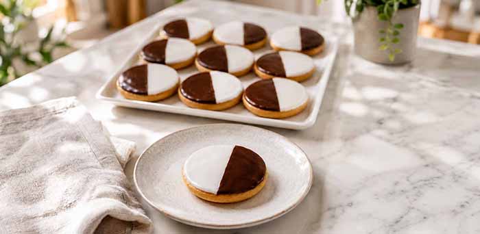 A tray of black and white cookies.