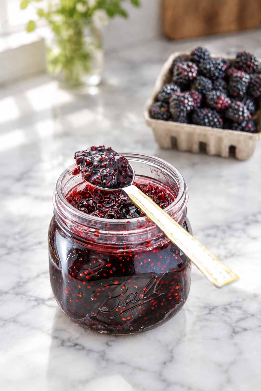 A jar of blackberry jam and a pint of fresh blackberries.