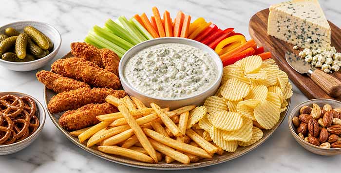 Blue Cheese Dip Platter With Crunchy Snacks