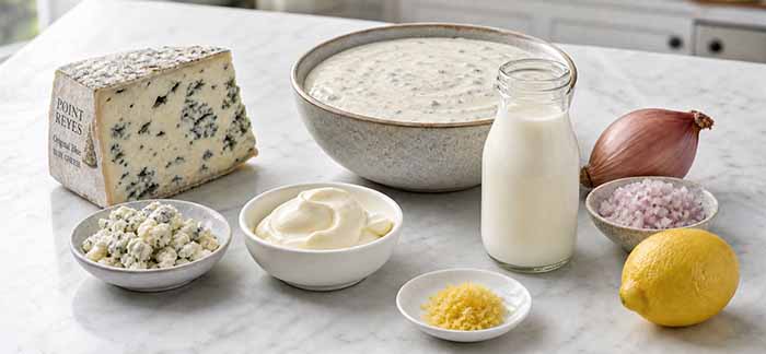 A Bowl Of Blue Cheese Dressing With The Ingredients