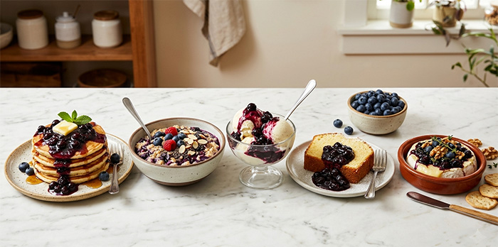 Blueberry Topping On Different Desserts