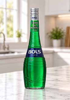 A bottle of Bols creme de menthe liqueur.