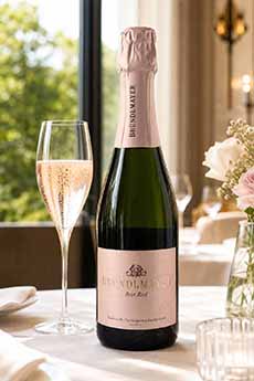 A bottle and glass of Bründlmayer Sekt rosé.