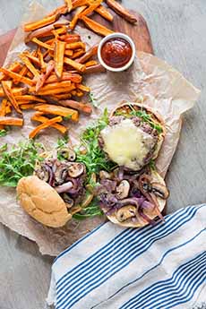 Mushroom Cheeseburger With Sweet Potato Fries