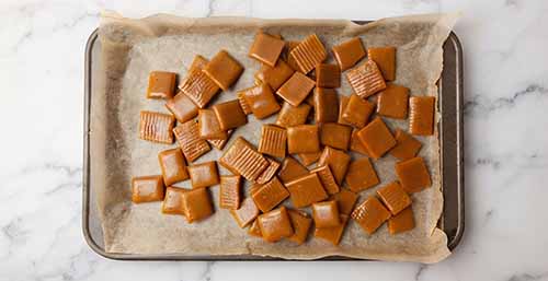 A pan of homemade butterscotch cut into squares.