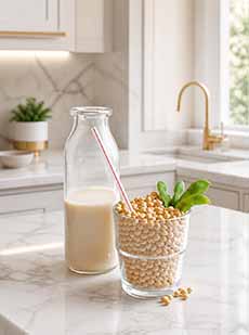 A Carafe  Of Soy Milk & Scattered Soy Beans