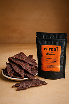 A package and plate of Carnal Beef Jerky