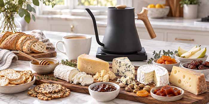 A cheese buffet with chai tea.