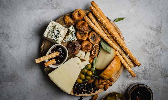 Platter Of Cheese, Figs, Nuts, Olives, Breadsticks