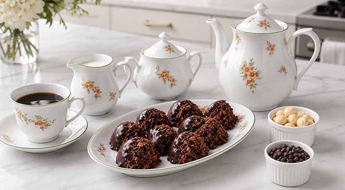 A Plate Of Chocolate Macaroons With Coffee