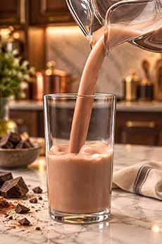 Pouring chocolate milk into a glass from a pitcher.