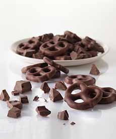 A plate of chocolate-covered pretzels.