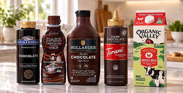Four different chocolate syrup brands and a quart of milk.