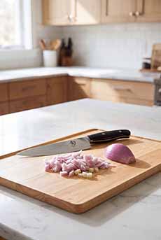 Chopping shallots on a cutting board in the kitchen.