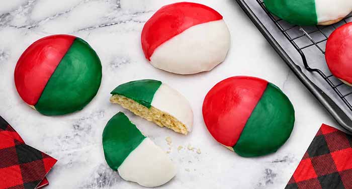 Christmas black and white cookies, with red and green icing.