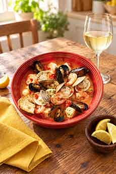 A bowl of cioppino with a glass of white wine.