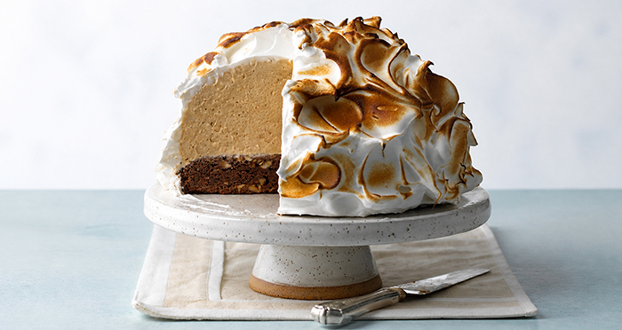 Baked Alaska with coffee ice cream and chocolate cake.