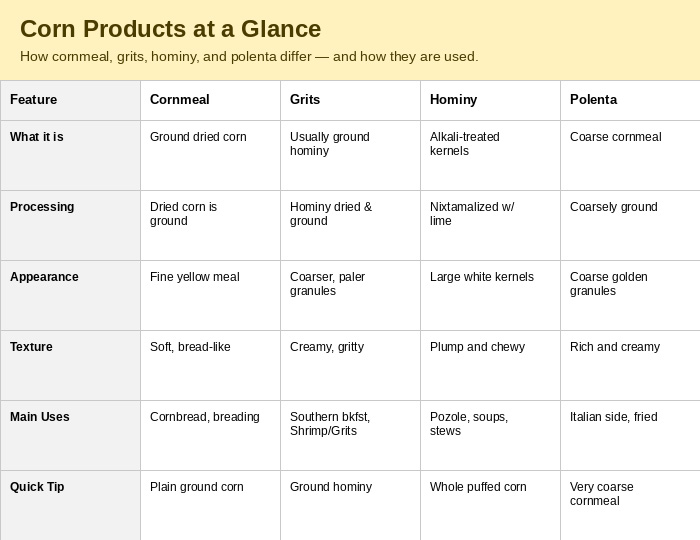 A Chart Of Corn Products: Cornmeal Grits, Hominy, Polenta
