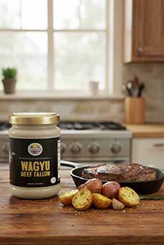 A Jar Of Wagyu Tallow With Steak & Potatoes