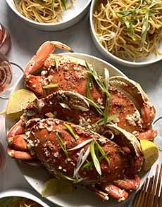A plate of Dungeness crab with Garlic Noodles