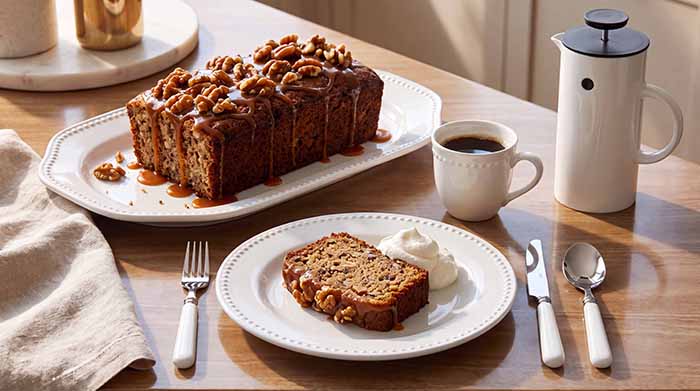 Date nut bread and coffee on a kitchen table.