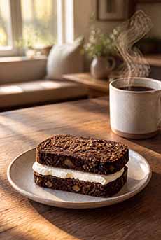 A date nut bread and cream cheese sandwich with a cup of coffee.