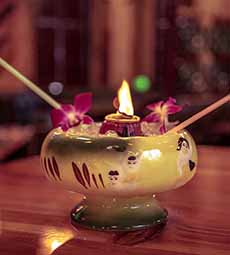 Flaming Scorpion Bowl, a popular tiki drink.