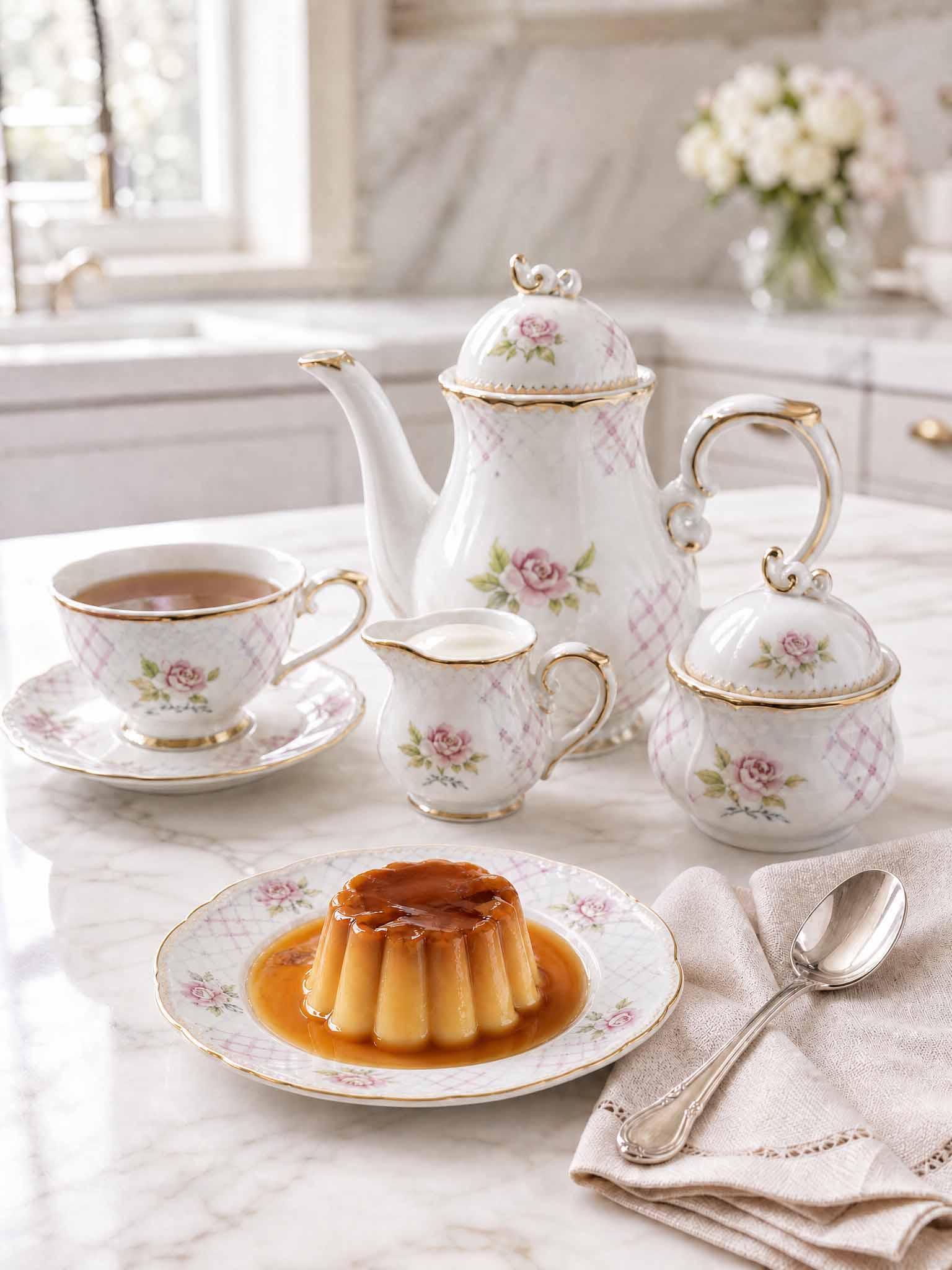Creme Caramel With Tea Set