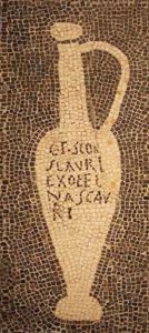 An Ancient Roman mosaic of a bottle of garum fish sauce.