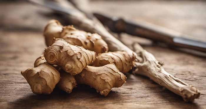 Fresh ginger root and knife on a wood tabletop.