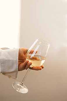 Hand holding a glass of Pinot Grigio wine.