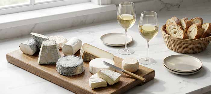 A Platter Of Goat Cheeses With Glasses Of Sauvignon Blanc
