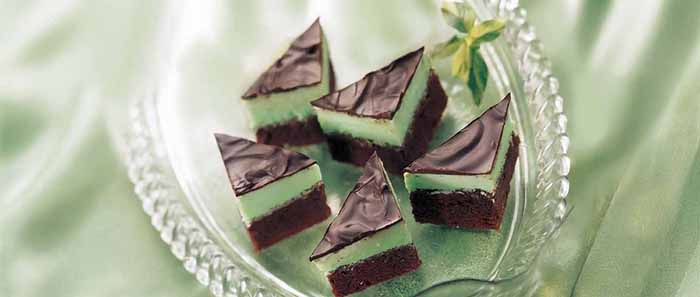 A plate of grasshopper bars: chocolate and creme de menthe.