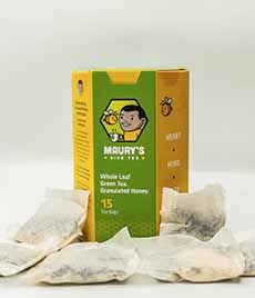 Box of Maury's Hive Tea Green Tea Bags. The tea is blended with granulated honey, so there's no need to add sweetener.
