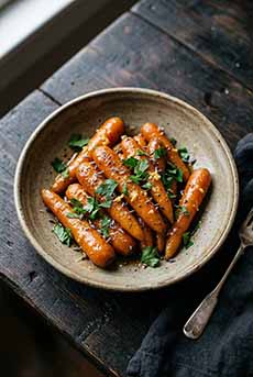 A dish of honey-ginger baby carrots garnished with parsley.
