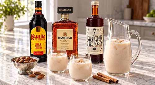 Horchata with bottles of Kahlua, Disaronno, and Ancho Chile liqueurs.