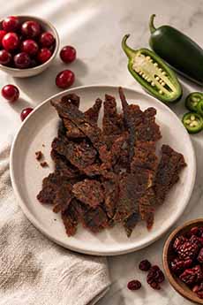 A Plate of Cranberry-Jalapeno Flavored Beef Jerky