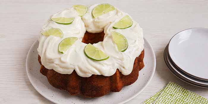 Key lime pound cake made in a Bundt pan.