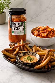 Baked Fries With Kimchi Sour Cream Dip