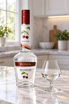 A bottle and snifter of Kirschwasser, cherry brandy.