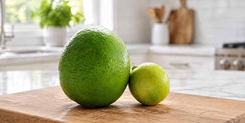 A Persian lime and a Key lime on a cutting board.