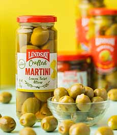 A jar of Lindsay-brand olives stuffed with lemon