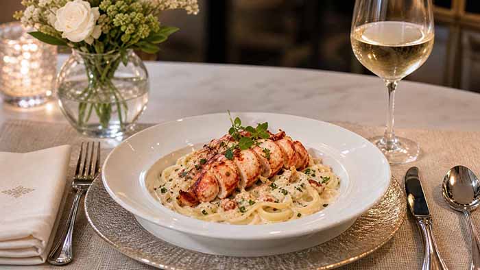 Linguine In Cream Sauce With Lobster & A Glass Of White Wine