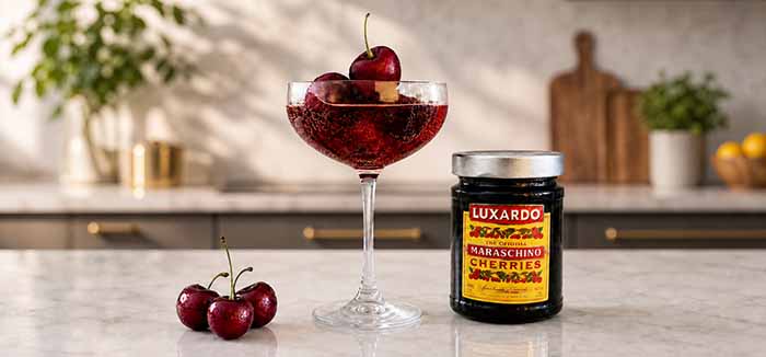 Maraschino Cherries In A Glass Of Prosecco