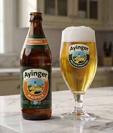 A bottle and glass of Ayinger Maibock